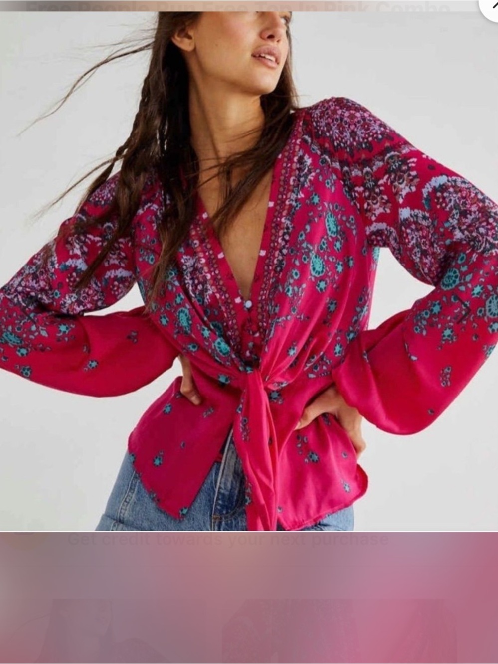 Free People Hot Pink Floral Tie-Front Blouse